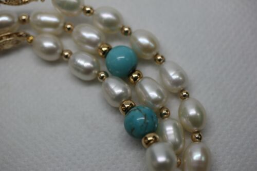 14k Yellow Gold IPS Freshwater Pearl Turquoise Necklace & Bracelet