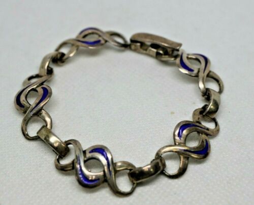 Italy 925 Sterling Silver Blue Enamel Openwork Swirl Infinity Link Bracelet 7.5"