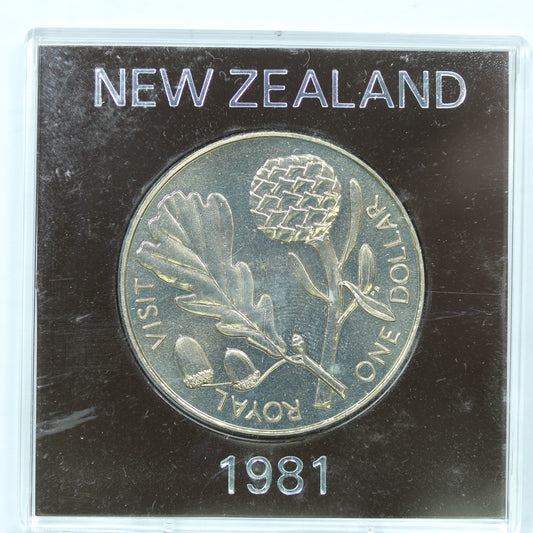 1981 New Zealand NZ $1 Coin Royal Visit BU in Perspex Case