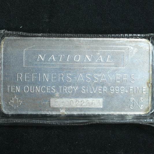 10 oz .999+ Fine Silver National Refiners-Assayers Silver Bar Ingot - #022364
