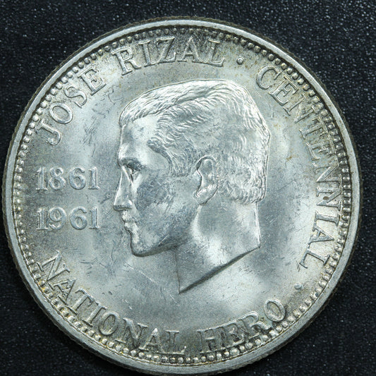 1961 Philippines 1/2 Half Peso Silver Coin - Jose Rizal Centennial - KM# 191