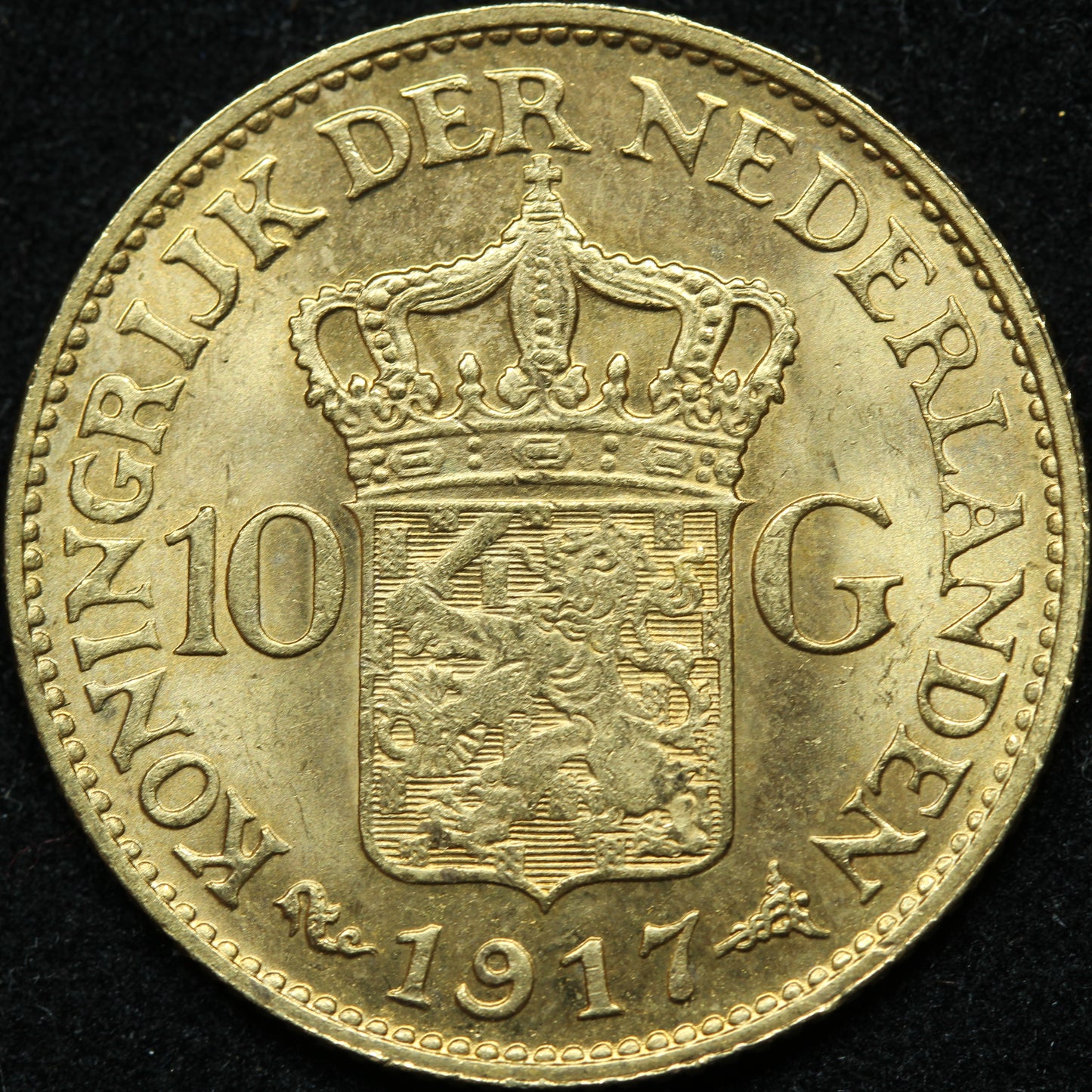 1917 Netherlands 10 Gulden Wilhelmina I Gold Coin