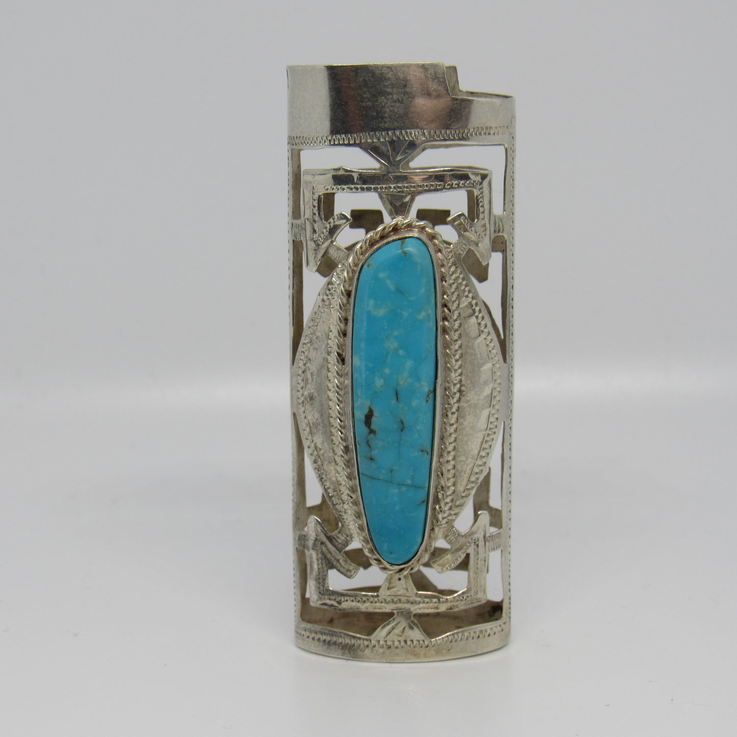 Vintage Sterling Lighter Case Holder Cover Large Oval Turquoise
