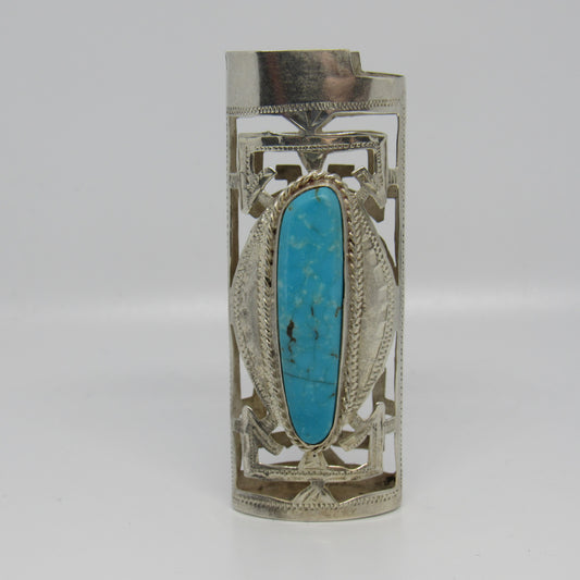 Vintage Sterling Lighter Case Holder Cover Large Oval Turquoise