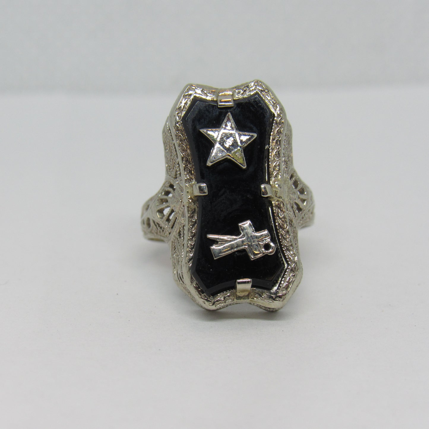 14K White Gold Women's Masonic Ring Onyx Art Deco Style - Sz 3