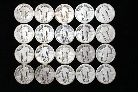 Half Roll of Rough Standing Liberty Quarters 5$ Face 90% Silver 114.8g