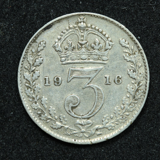1916 Great Britain 3 Pence Threepence Silver Coin - KM# 813