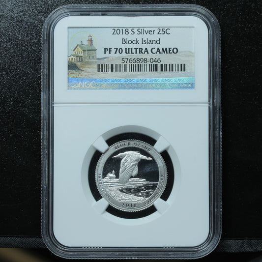2018-S 25c Block Island Rhode Island Silver Quarter NGC PF 70 UCAM