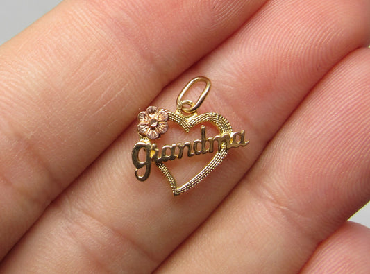 14k Multi-Tone Gold Grandma Heart Pendant with Rose Flower