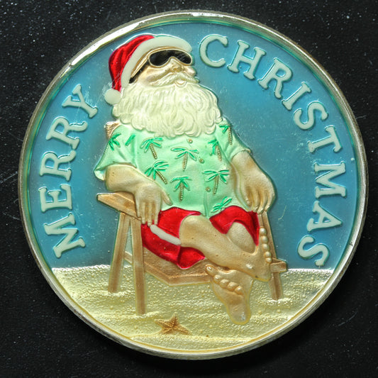 1 oz .999 Fine Silver - 2016 Christmas Santa on Beach Enamel in Capsule Engravable