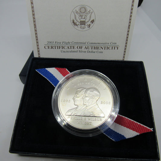 2003 First Flight Centennial Commemorative Uncirculated Silver Dollar $1 w/Box & COA