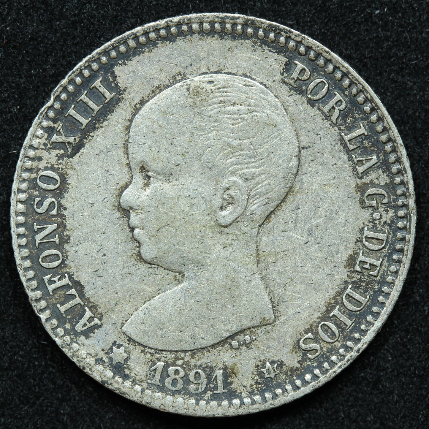 1891 Una Peseta PG M Spain Silver Coin - ALFONSO XIII - KM# 691