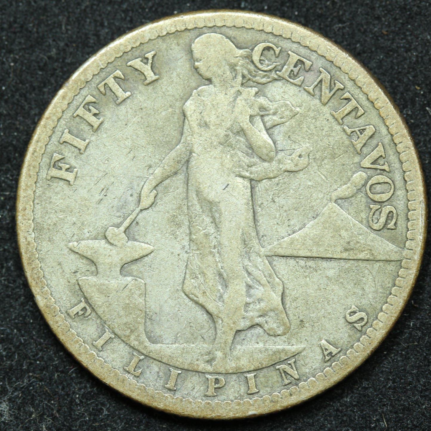 1908 S 50 Centavos Philippines Silver Coin - KM# 171