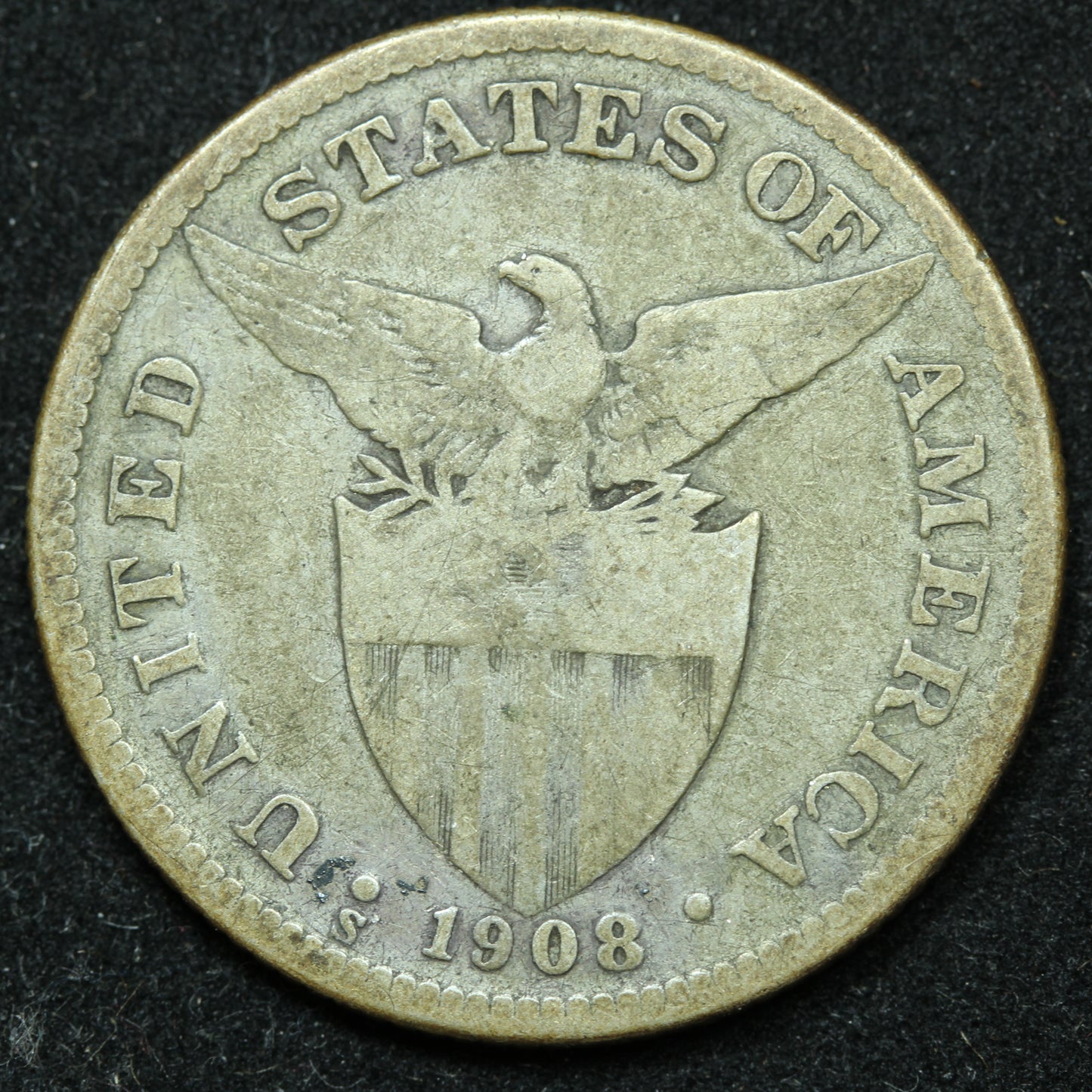 1908 S 50 Centavos Philippines Silver Coin - KM# 171