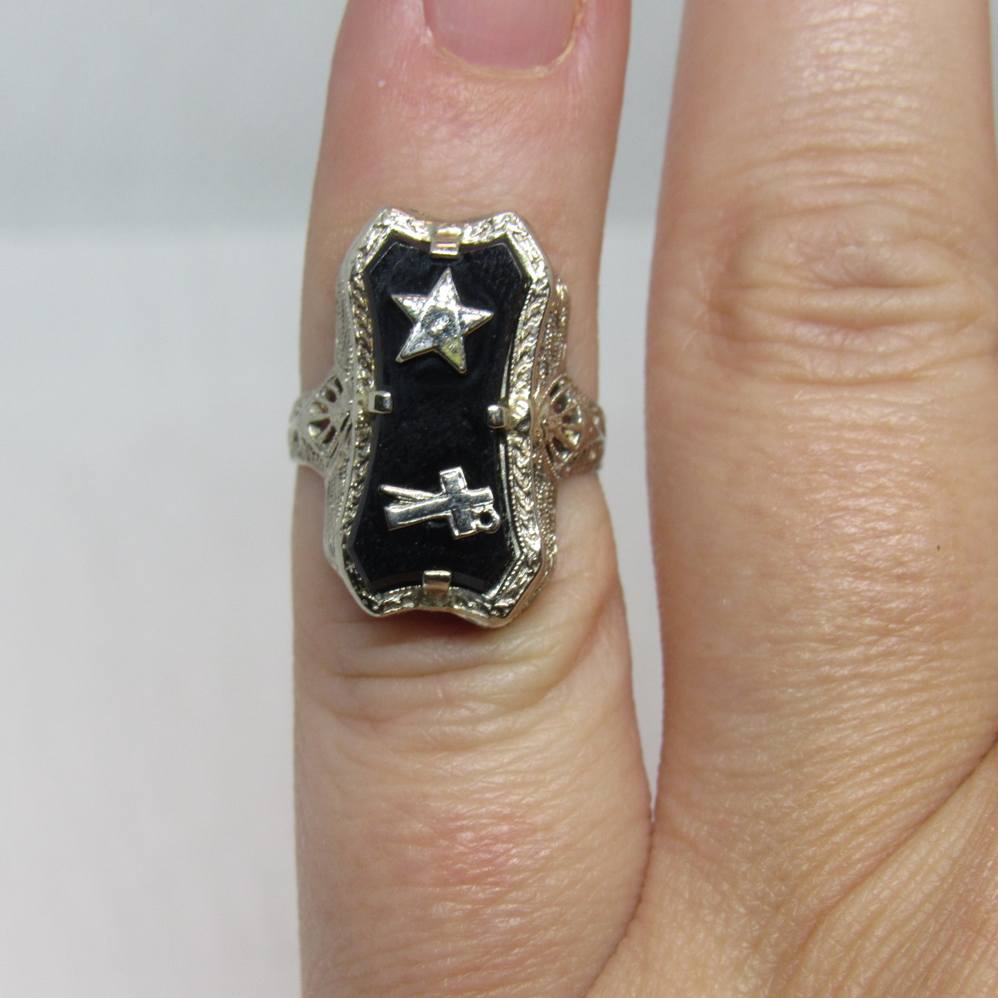 14K White Gold Women's Masonic Ring Onyx Art Deco Style - Sz 3