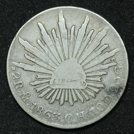 1863 2 Reales Mo CH Mexico Silver Coin - KM# 374.10