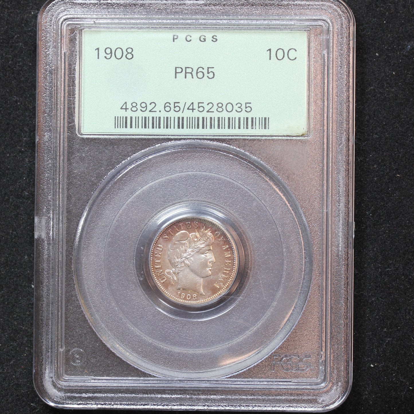 1908 Barber Dime 10c 90% Silver Proof - PCGS PR 65 - Old Green Label!