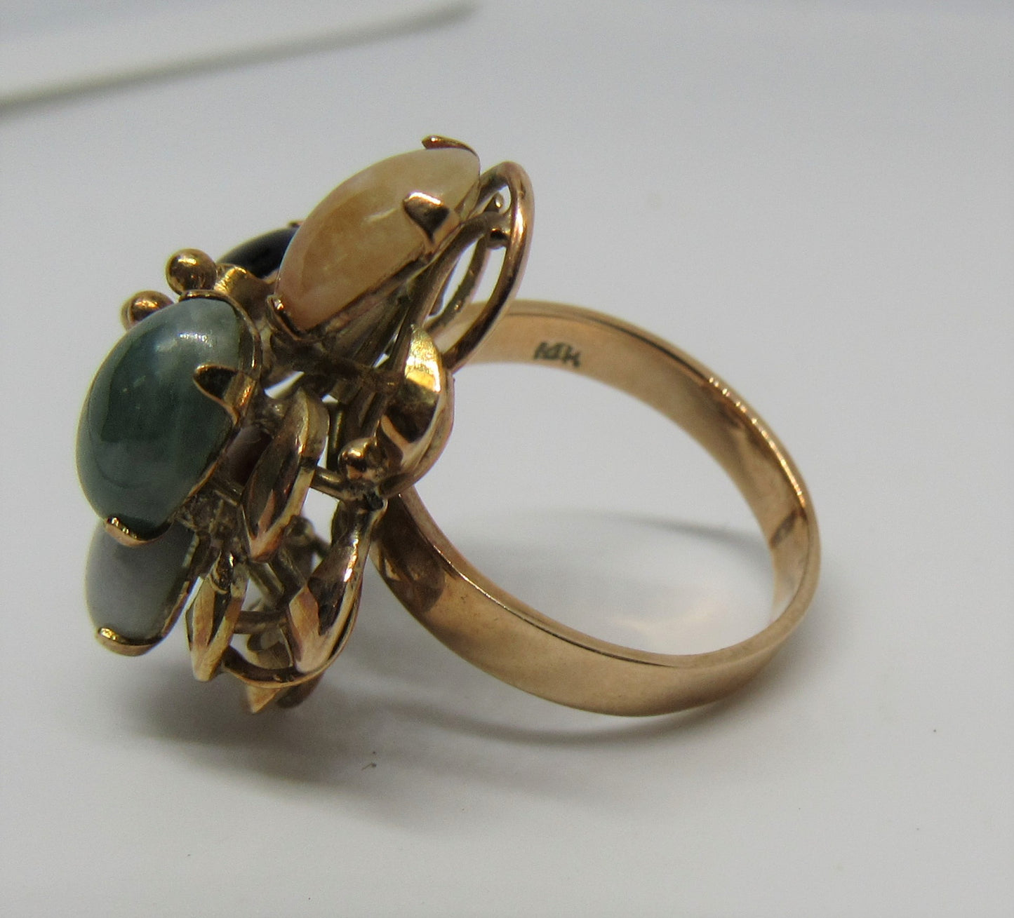 14k Yellow Gold Multi Color Jade Waterfall Cluster Flower Cocktail Ring Sz 5.5