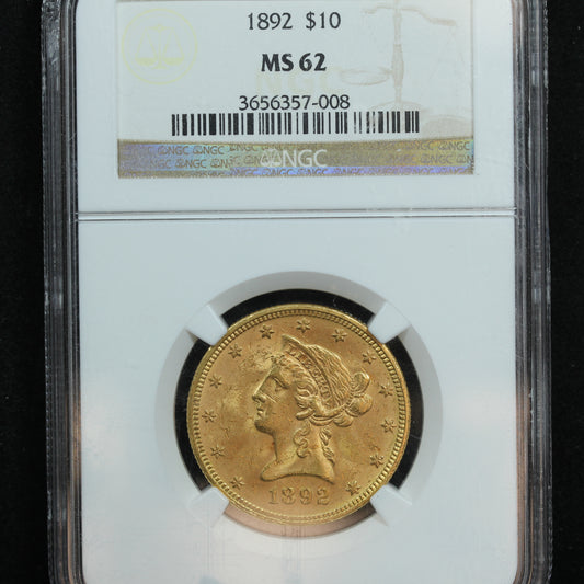 1892 $10 Liberty Head US Gold Eagle Coin - NGC MS 62