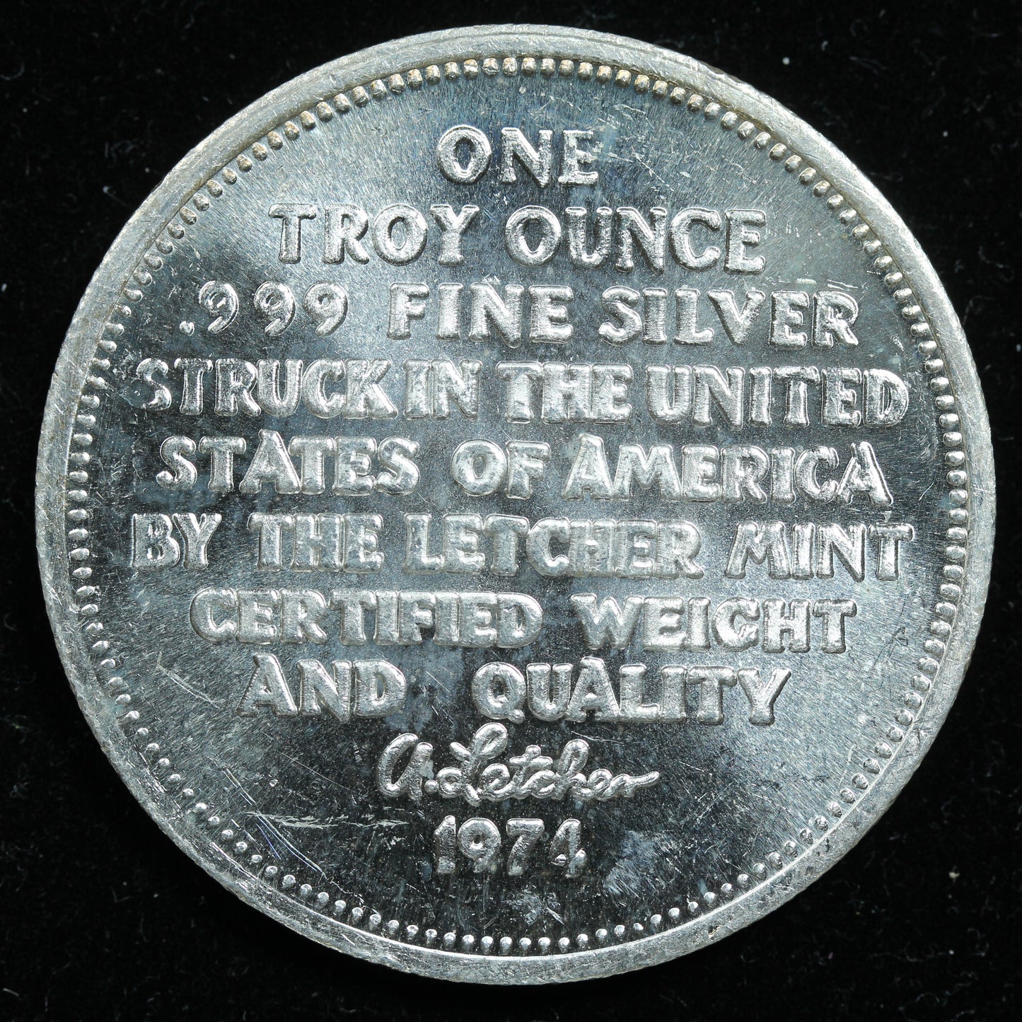 1 oz .999 Fine Silver Round - The Letcher Mint 1974 Eagle