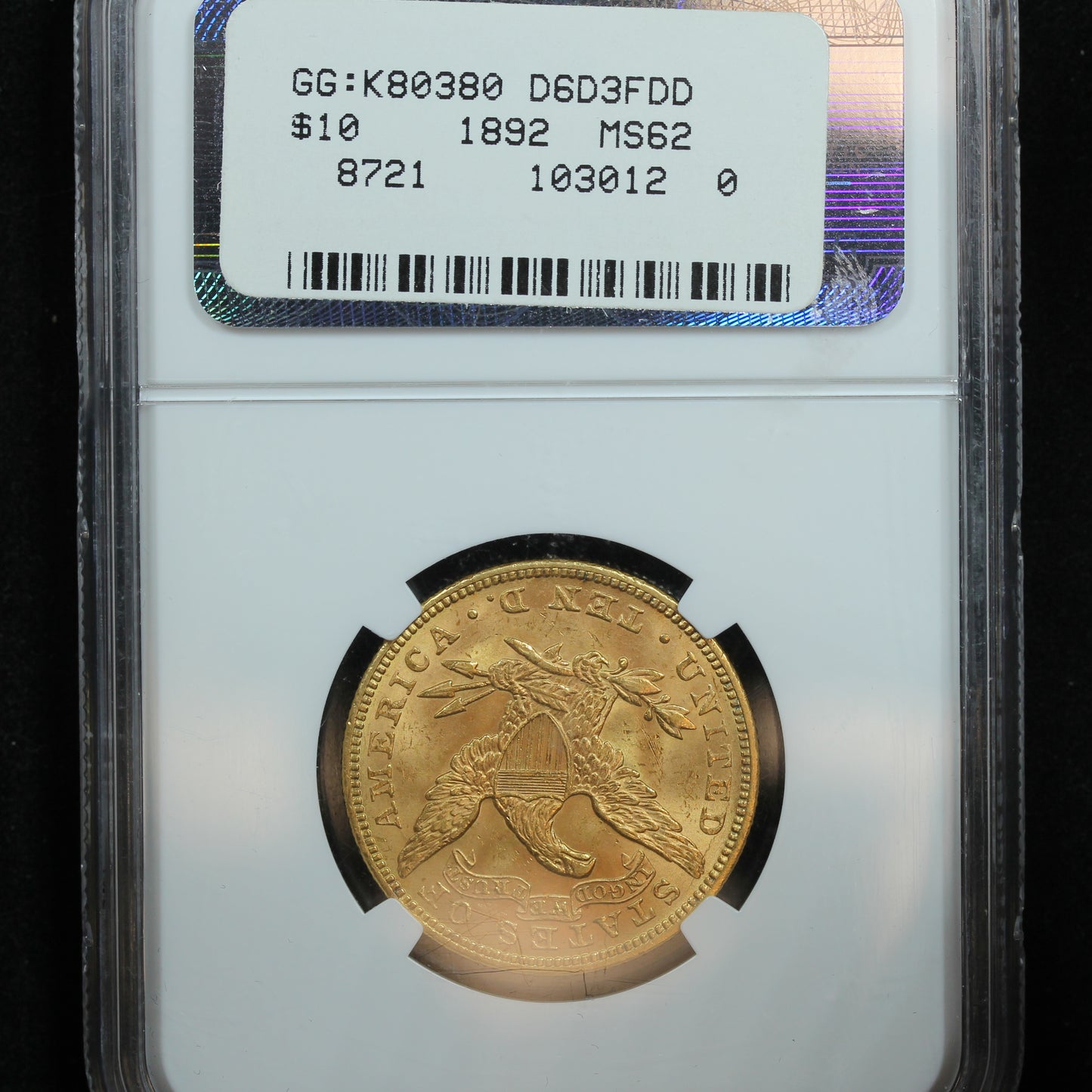 1892 $10 Liberty Head US Gold Eagle Coin - NGC MS 62