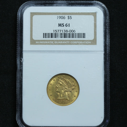 1906 Liberty Head $5 Gold Half Eagle - NGC MS 61
