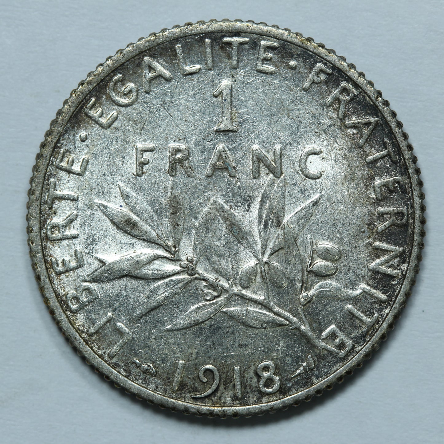 1918 1 Franc France Semeuse Silver Coin - KM# 844.1