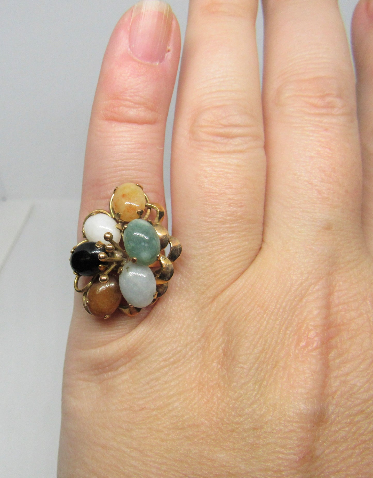 14k Yellow Gold Multi Color Jade Waterfall Cluster Flower Cocktail Ring Sz 5.5