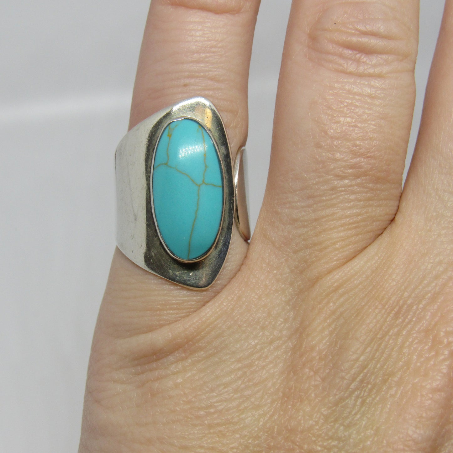 Vintage Sterling Silver HOB Mexico Turquoise Bypass Ring - Sz 6