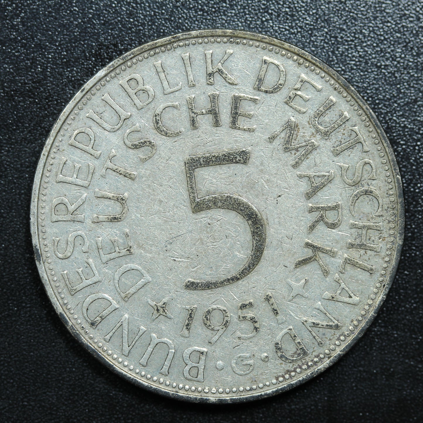 1951 G German 5 Funf Mark Silver Coin - KM# 112
