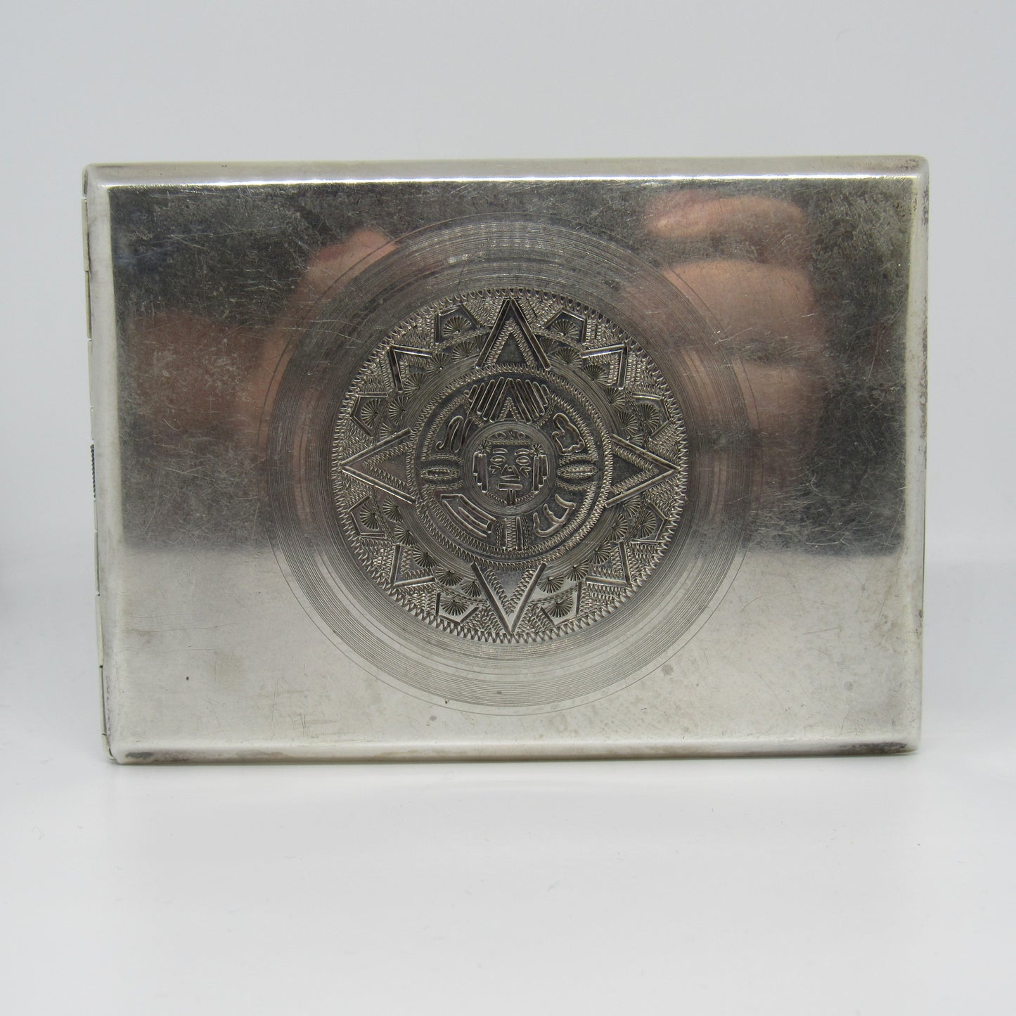 Vintage Mexico Sterling Silver Cigarette Case Aztec Sun God Design