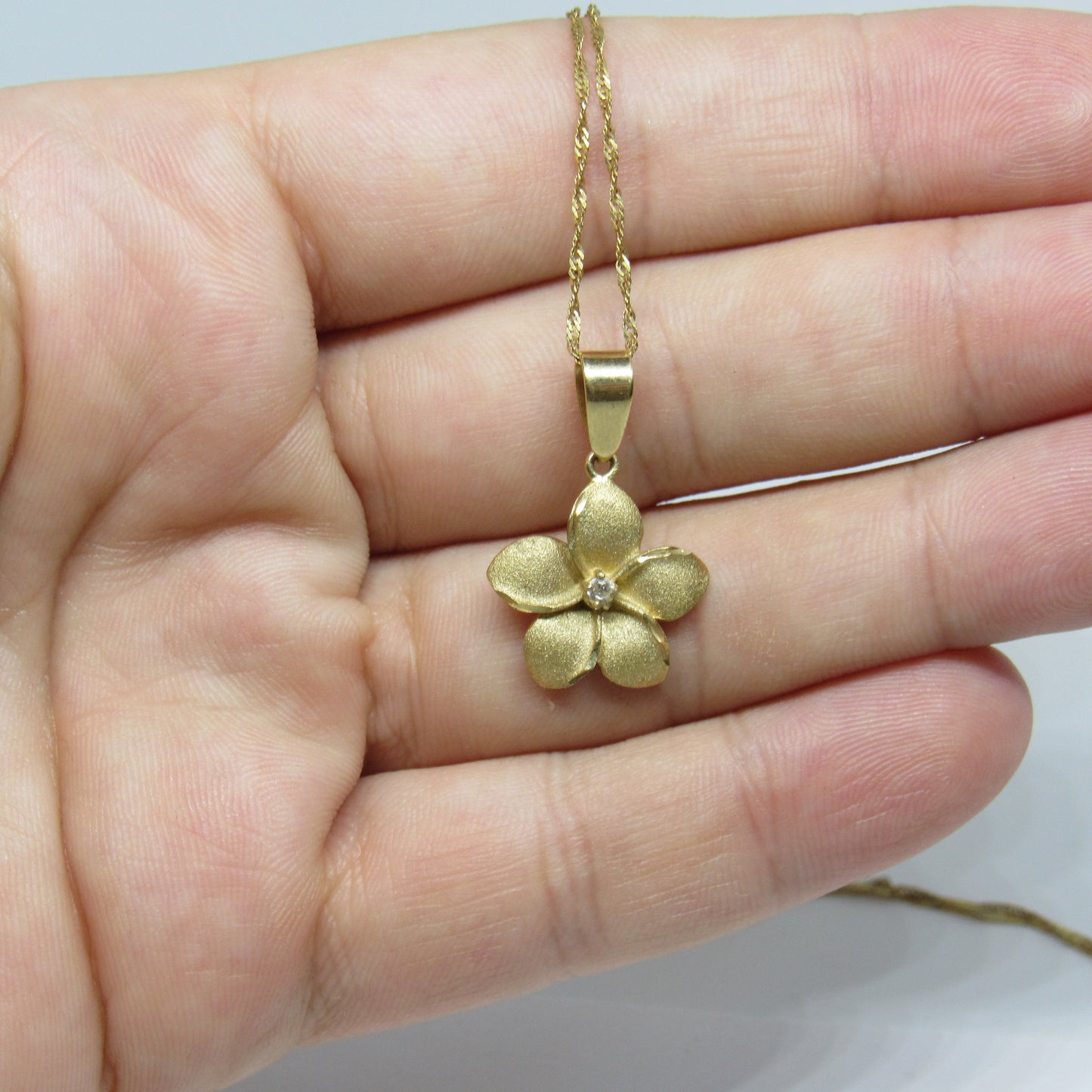 14k Yellow Gold Hawaiian Plumeria Flower CZ Pendant w/ 16 inch Necklace