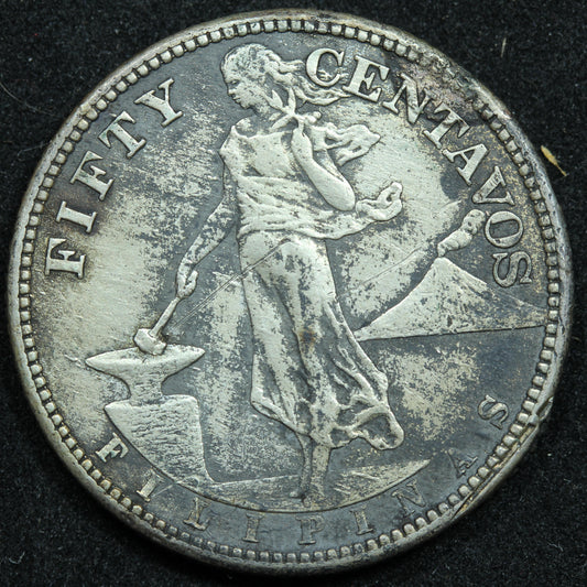 1919 S 50 Centavos Philippines Silver Coin - KM# 171 - Rim Damage