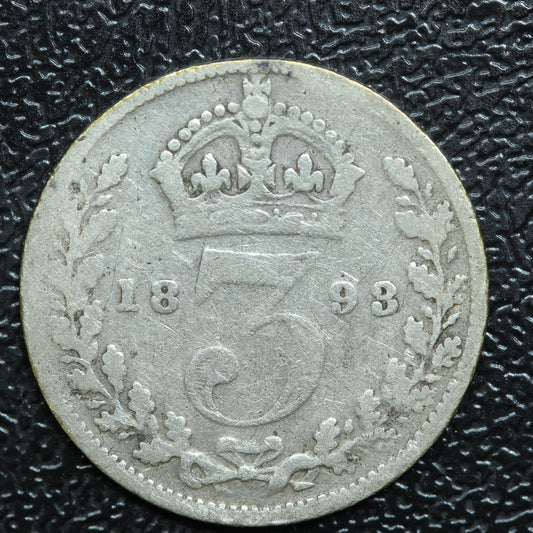 1893 Great Britain 3 Pence Threepence Silver Coin - KM# 777