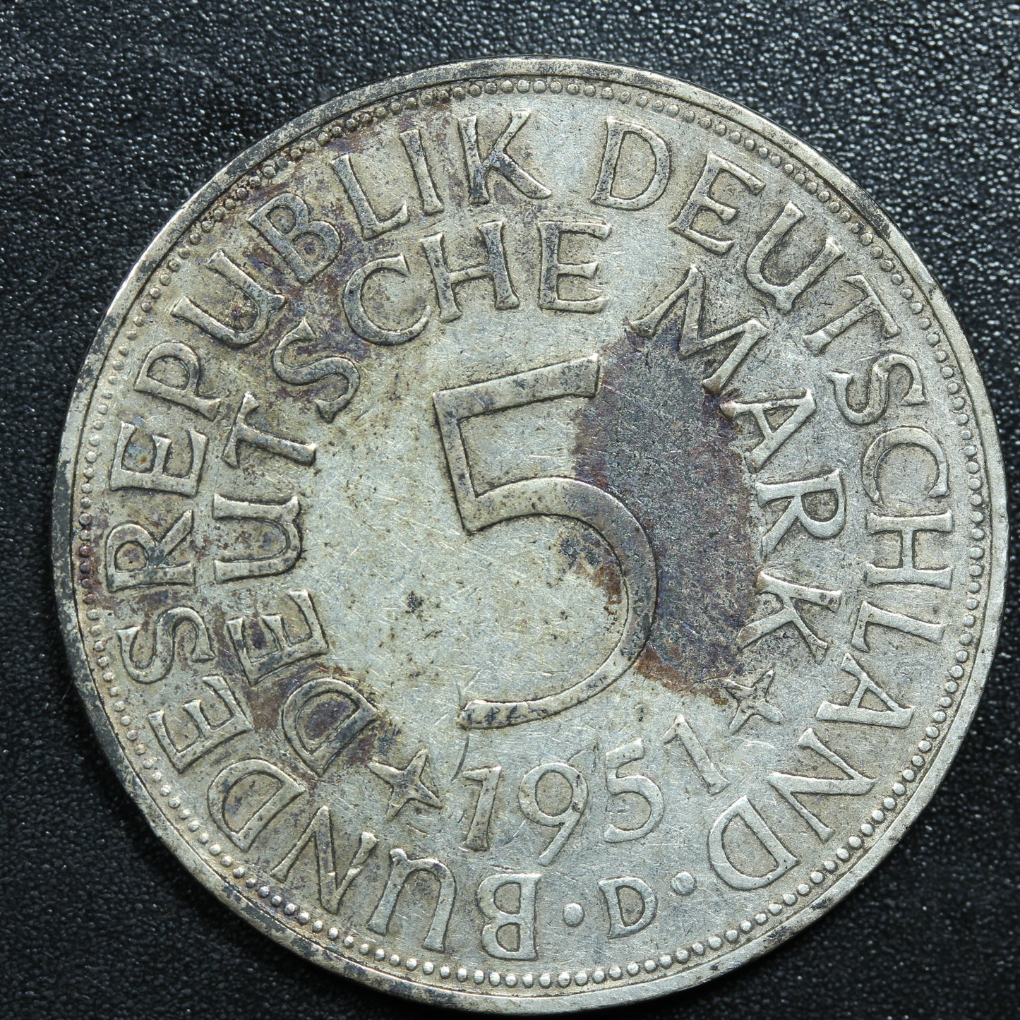 1951 D German 5 Funf Mark Silver Coin - KM# 112