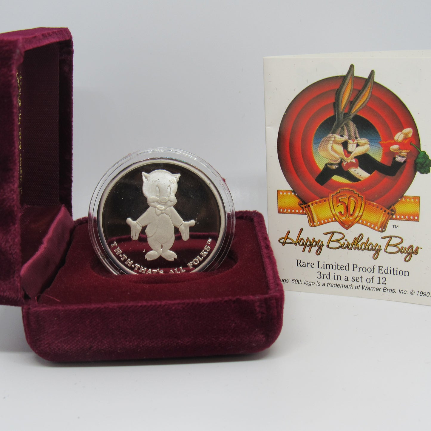 1 oz .999 Fine Silver - 1990 PORKY PIG Looney Tunes w/ Box & COA