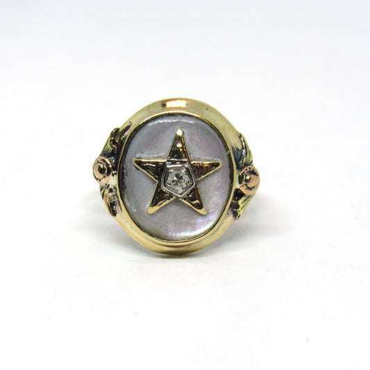 10K Yellow Gold Women's Masonic Ring Order of the Eastern Star Mother of Pearl - Sz 6