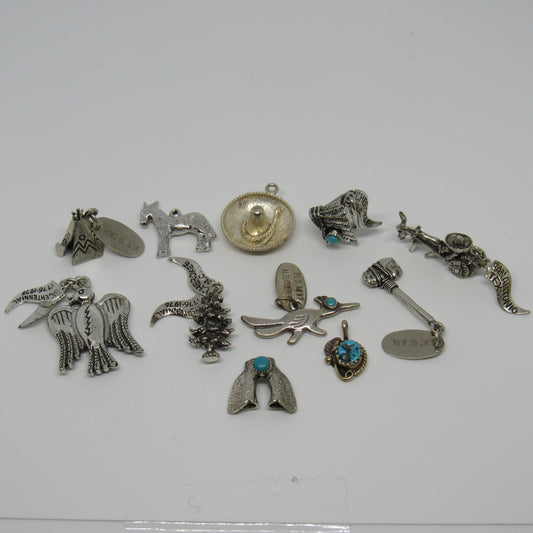 Vintage Lot of Sterling 925 Silver Birds Sombrero Turquoise Teepee Charm Pendant Bracelet