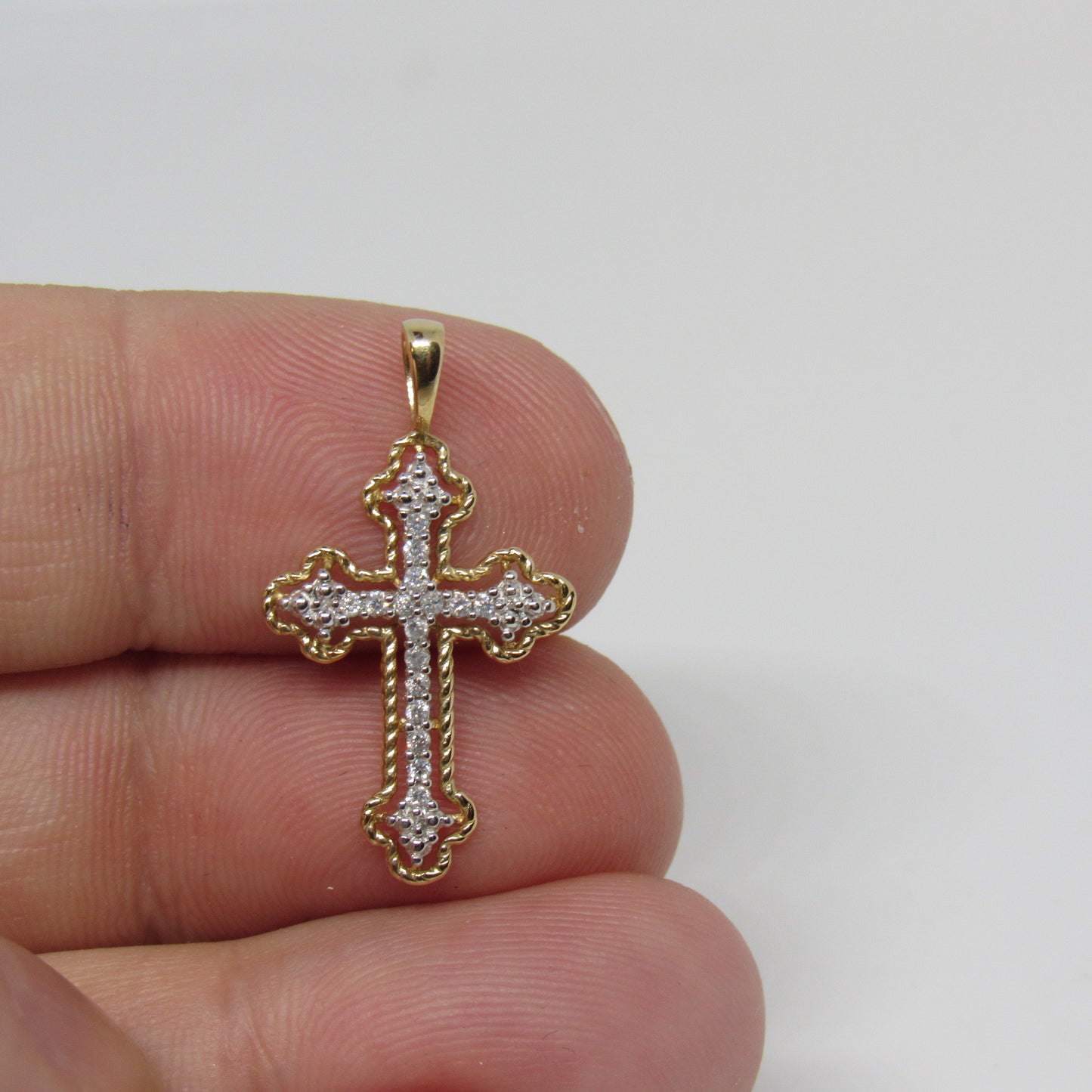 14k Yellow Gold ~.08 Diamond Cross Crucifix Religious Pendant - ~1 in
