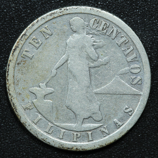 1918 10 Centavos Philippines Silver Coin.  75% Silver Coinage