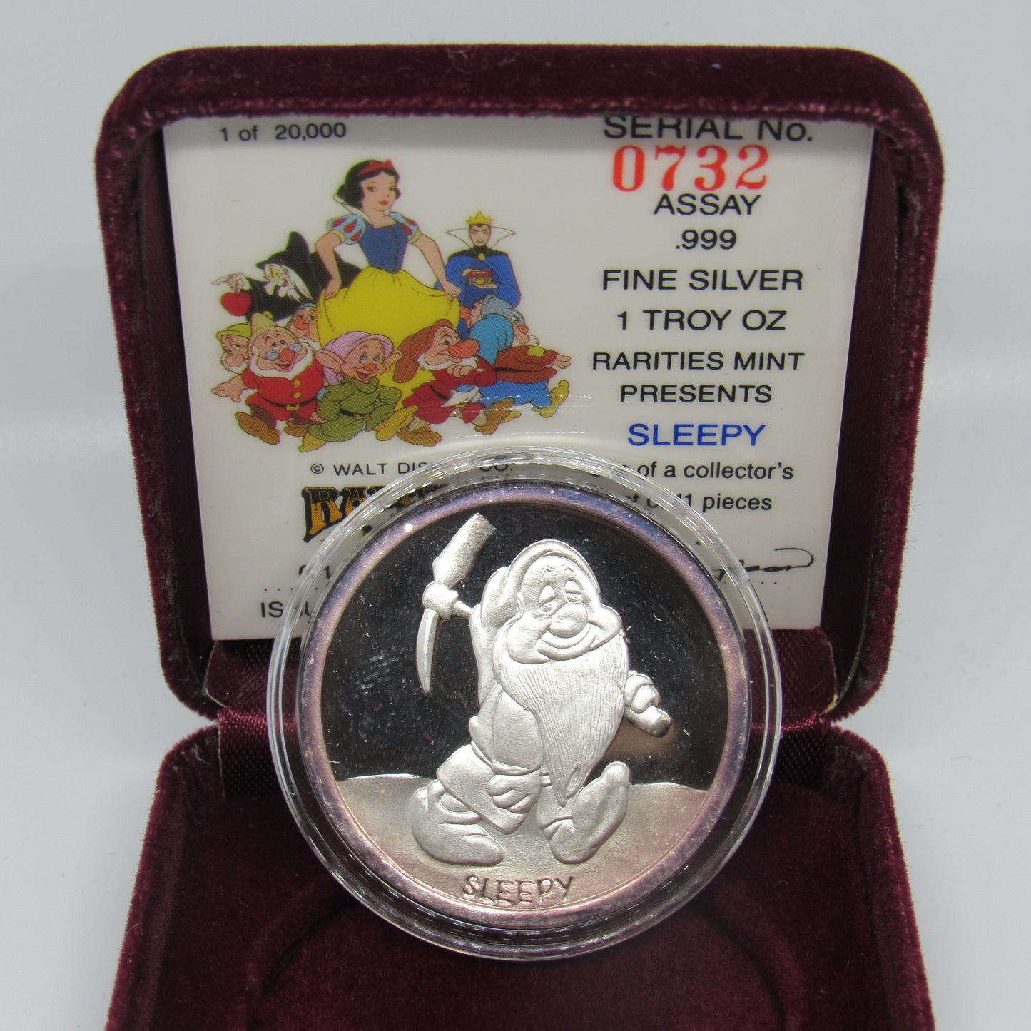 1 oz .999 Fine Silver - 1987 Snow White Disney 'Sleepy' w/ Box & COA