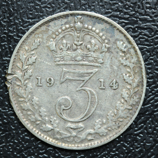 1914 Great Britain 3 Pence Threepence Silver Coin - KM# 813