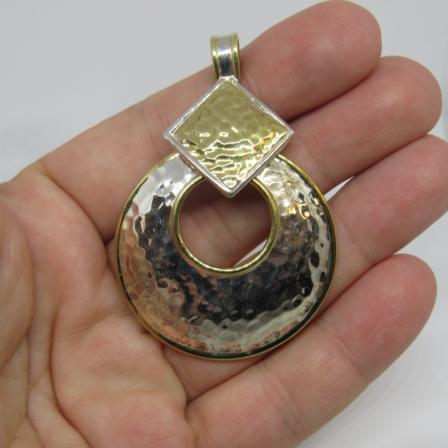 Vintage NF Thailand Sterling Silver 925 & Brass Hammered Circle Pendant