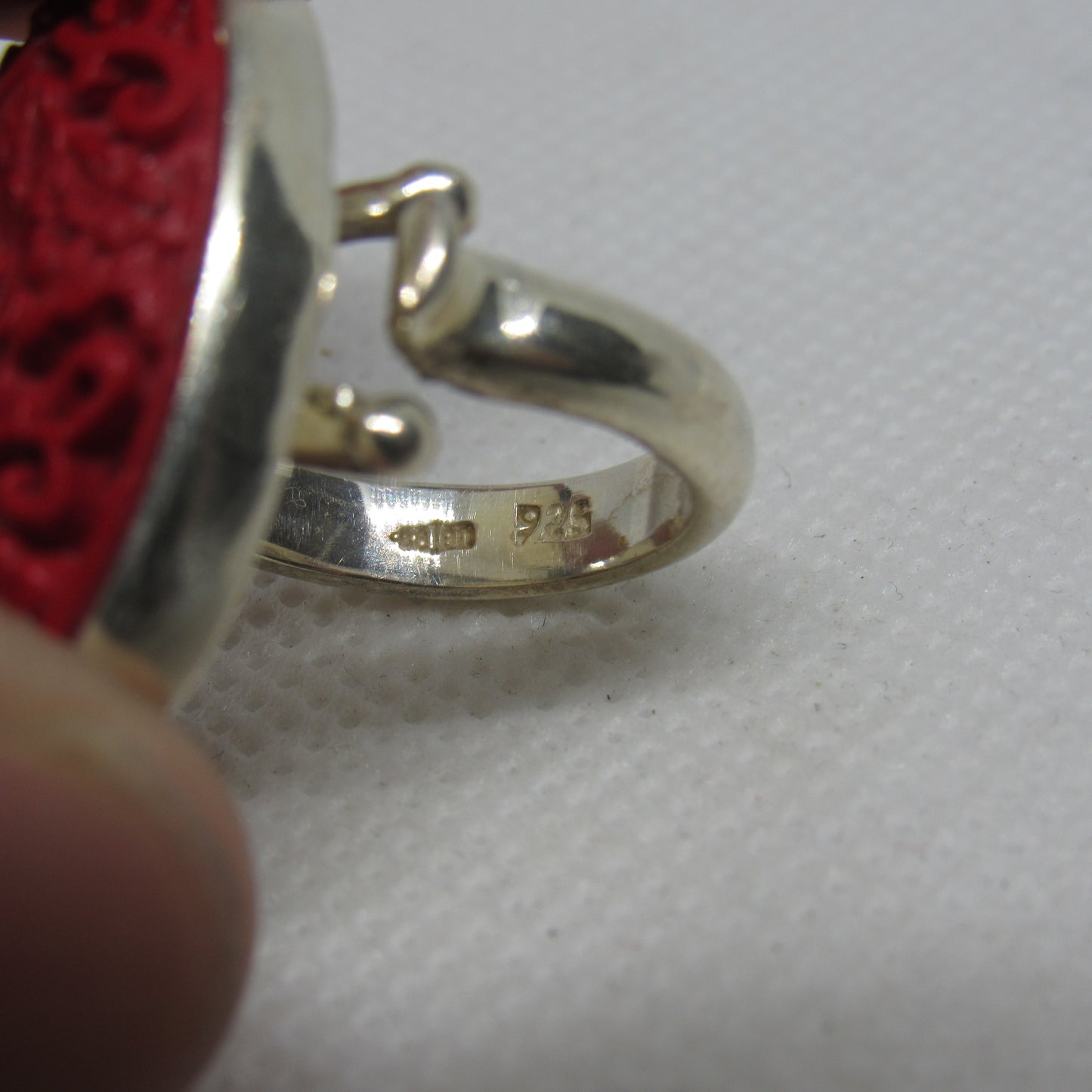 Sajen Sterling Silver Carved Red Cinnabar Floral Design Ring - Sz 5