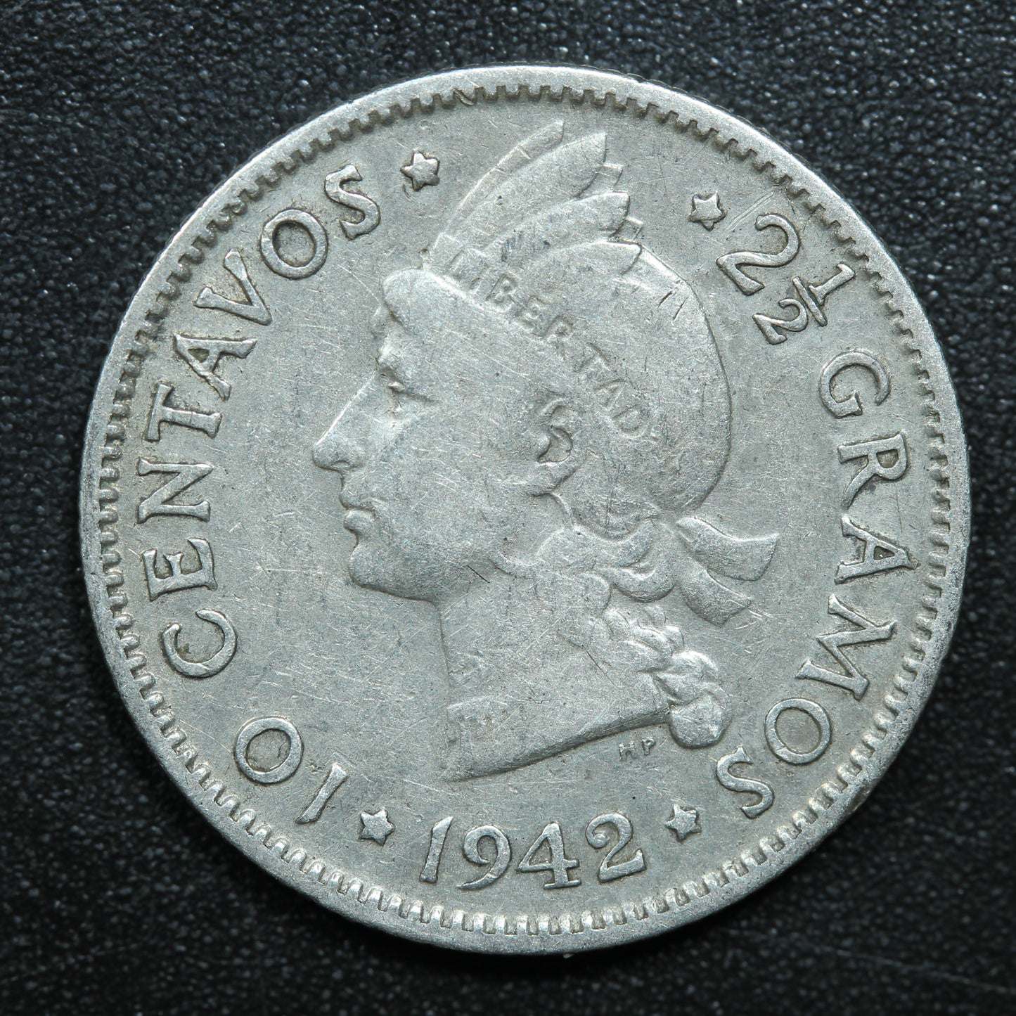 1942 Dominican Republic 10 Centavos Silver Coin KM #19