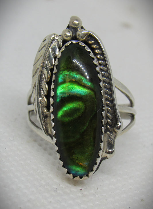 Navajo Circle J.W. Sterling Leaf and Green Abalone Ring - Sz 6.75