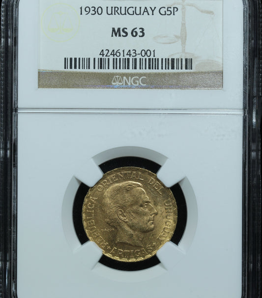 1930 Uruguay 5 Peso Gold Coin - NGC MS 63 (#2)
