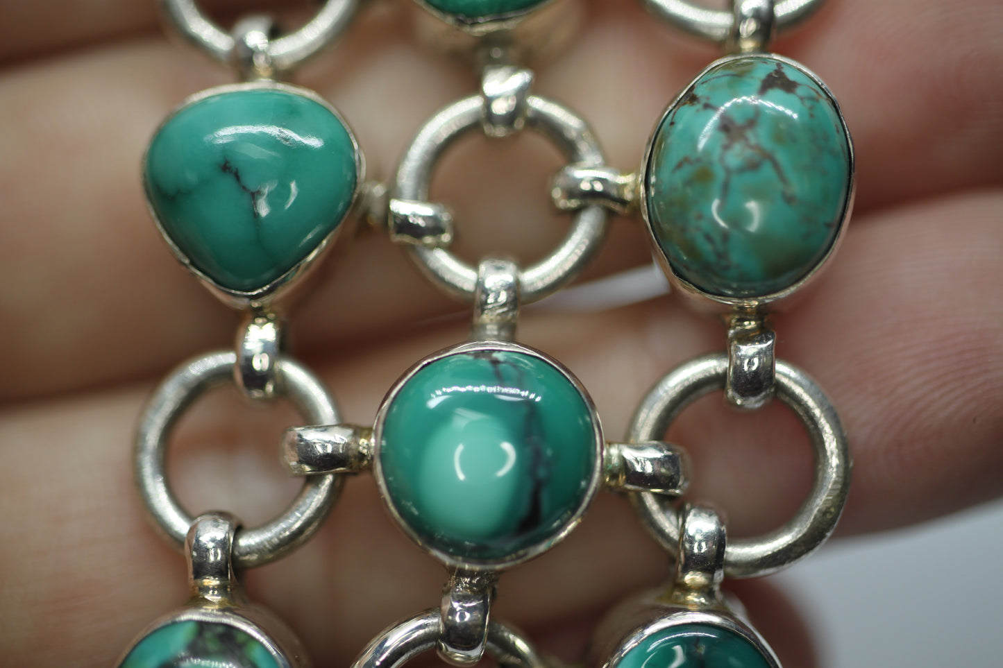 Sterling Silver 925 & Turquoise? Chain Link Mail Bracelet - ~1.25 in Wide