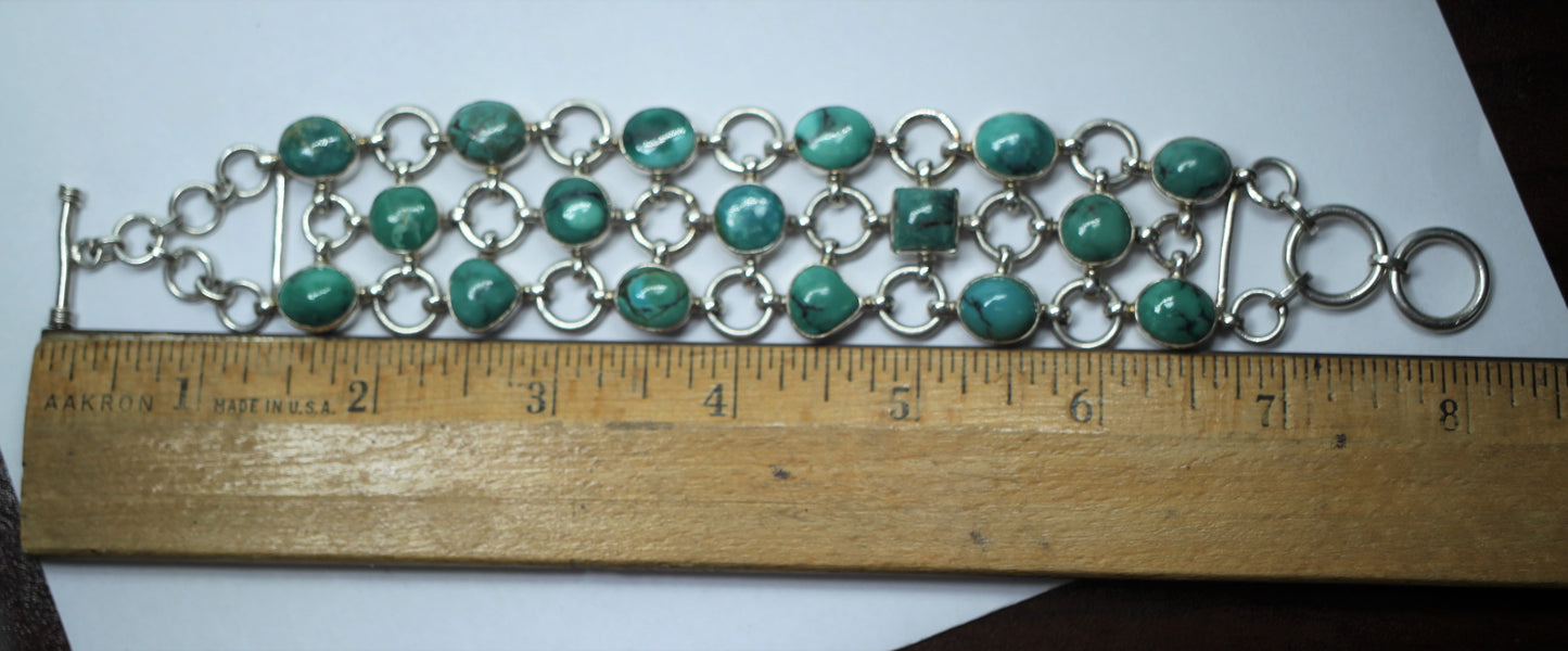 Sterling Silver 925 & Turquoise? Chain Link Mail Bracelet - ~1.25 in Wide