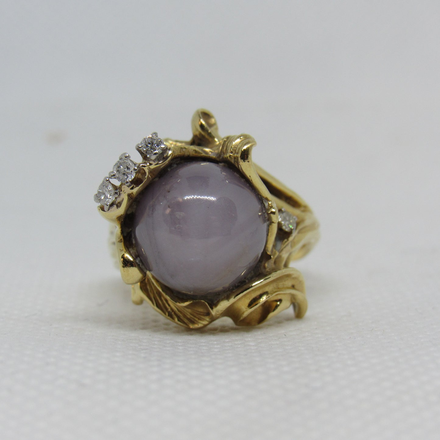 18K Yellow Gold Vintage Erwin Pearl Lavender Jade & Diamond Ring - Sz ~7.5